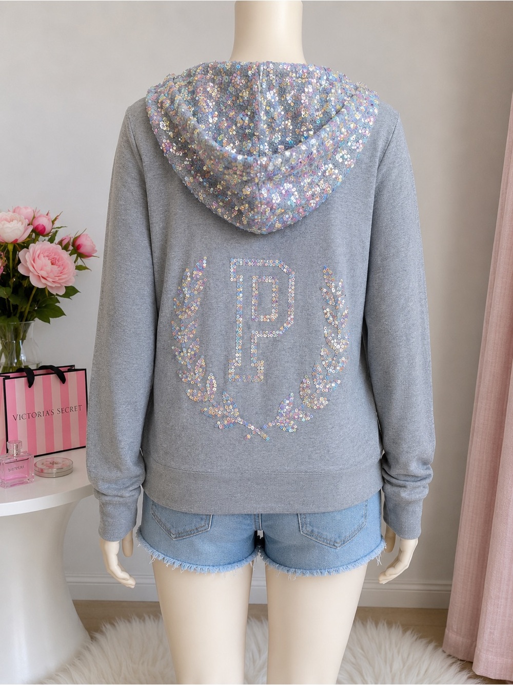 PINK Sequin Hoodie Size Medium Y2K Glam Zip Up